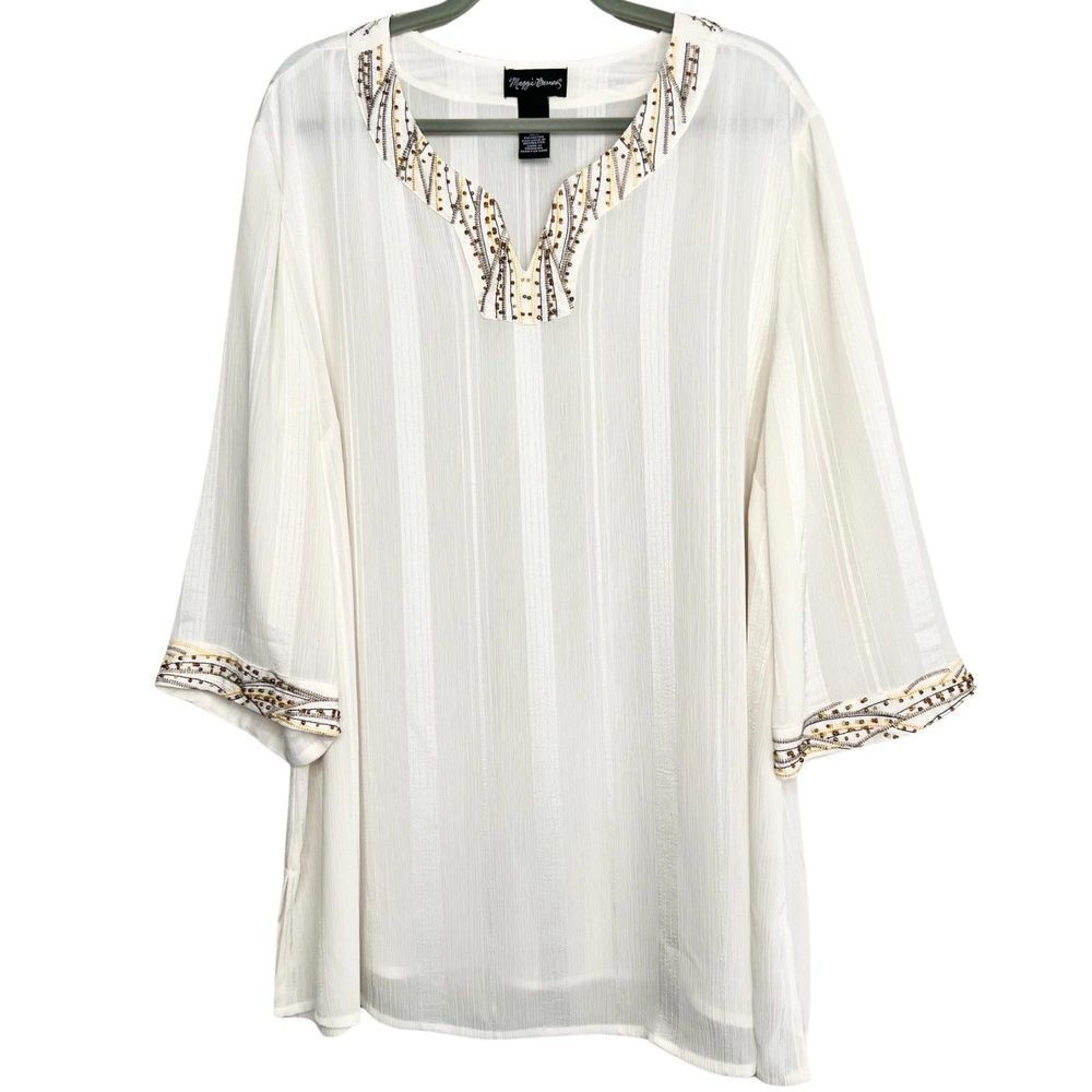 Maggie Barnes NWOT White Beaded Peasant Tunic Blouse Womens Plus Size 1X - 18/20